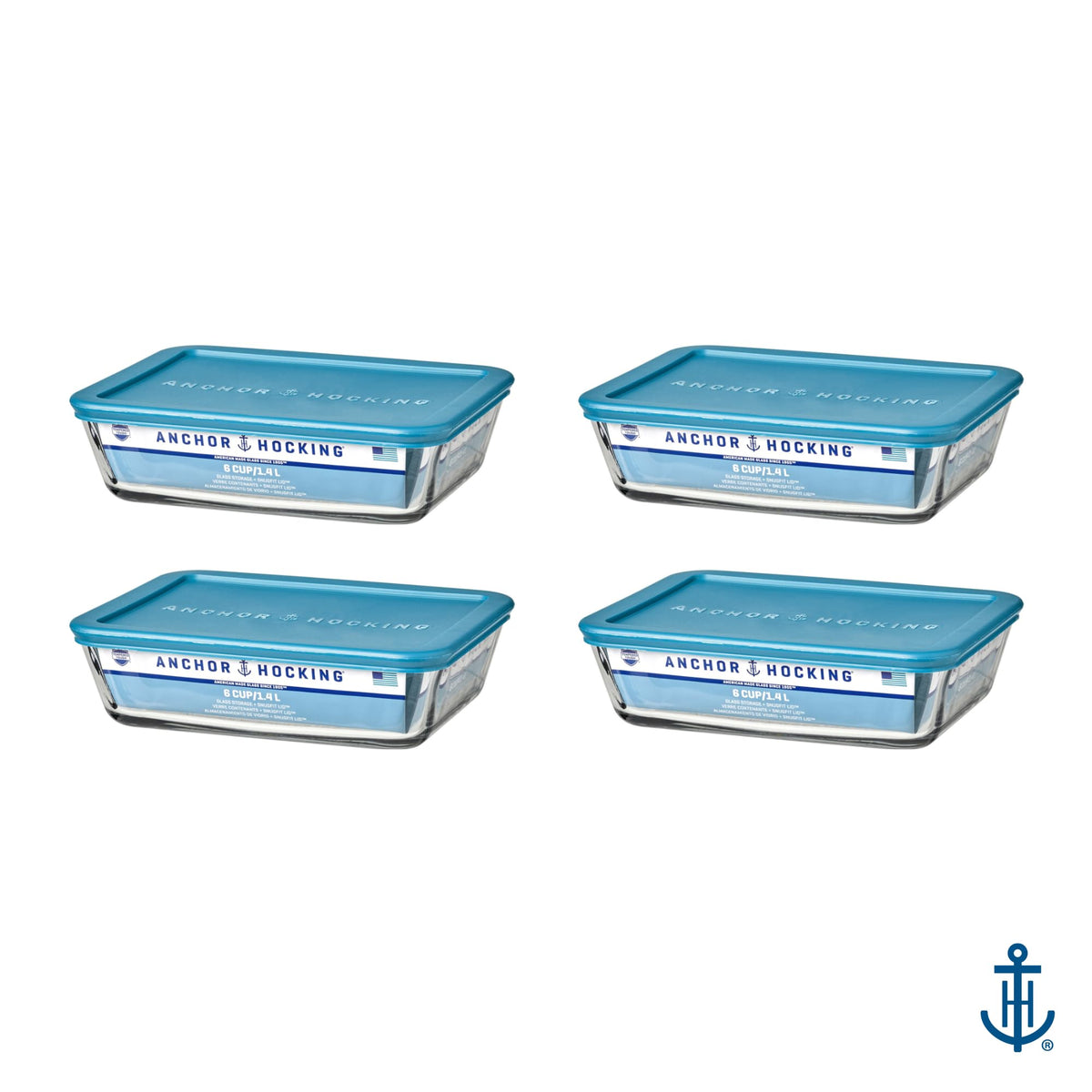 SnugFitTM Rectangular Food Storage Containers with Lids (4-Piece by Anchor Hocking – Large, 1.4 liters, Glass, Teal, Pack of 4