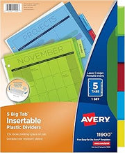 Avery Dividers for 3 Ring Binders, 5-Tab Plastic Binder Dividers, Insertable Big Tabs, Multicolor, 1 Set (11900)