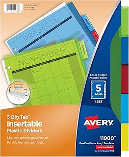 Avery Dividers for 3 Ring Binders, 5-Tab Plastic Binder Dividers, Insertable Big Tabs, Multicolor, 1 Set (11900)