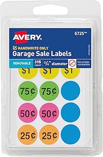 Avery Garage Sale Removable Labels, 3/4 Inch Round Labels, Assorted Colors, Non-Printable, 315 Pricing Stickers Total (6725)