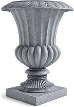 LeisureMod Lotus Fiberstone and Clay Urn Planter, Mid-Century Modern Indoor Outdoor Decorative Planter Pot with Drainage Holes for Home and Patio (Aged Concrete)
