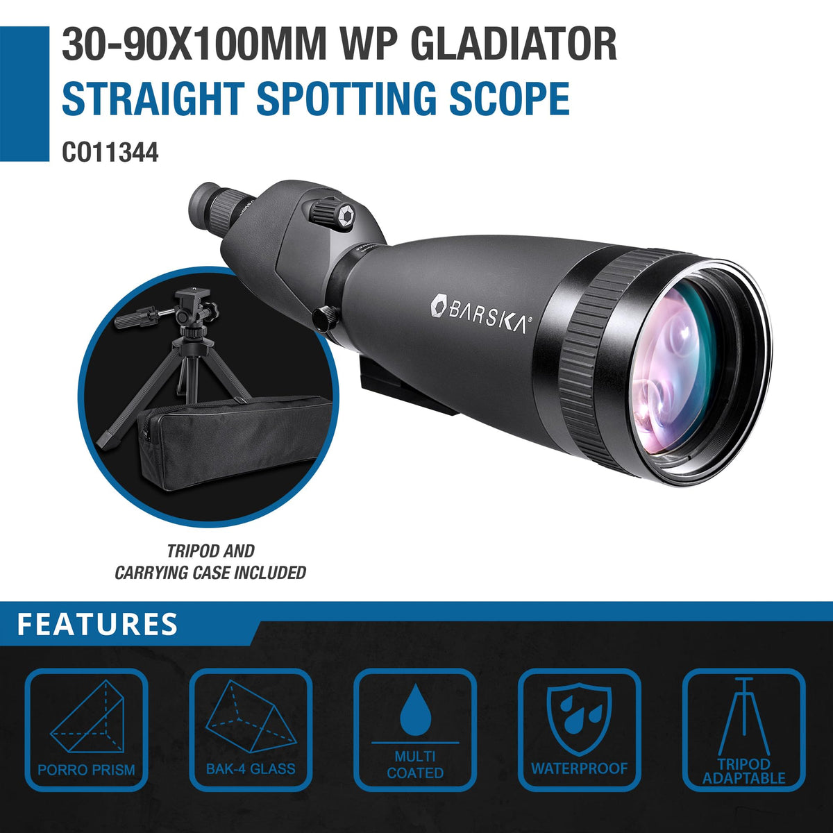 3-90 x 100mm Spotting Scope Monocular Porro Prisms Waterproof Fog-Proof with Tripod and Case by Barska – 3-90 x 100mm, Model 4352083317