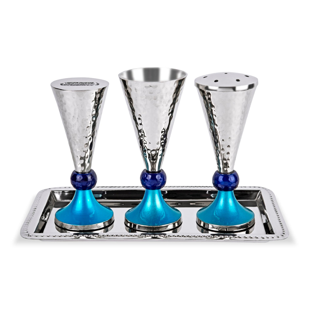Zion Judaica Hammered Havdalah Set, Silver with Blue Bands, 4-Piece