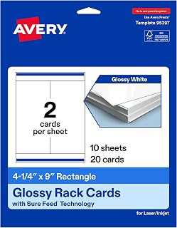 Avery Printable Rectangle Rack Cards, 4.25" x 9", Glossy White, Sure Feed Technology, Laser/Inkjet Compatible, 20 Total, Ideal for Packaging, Displays, and More