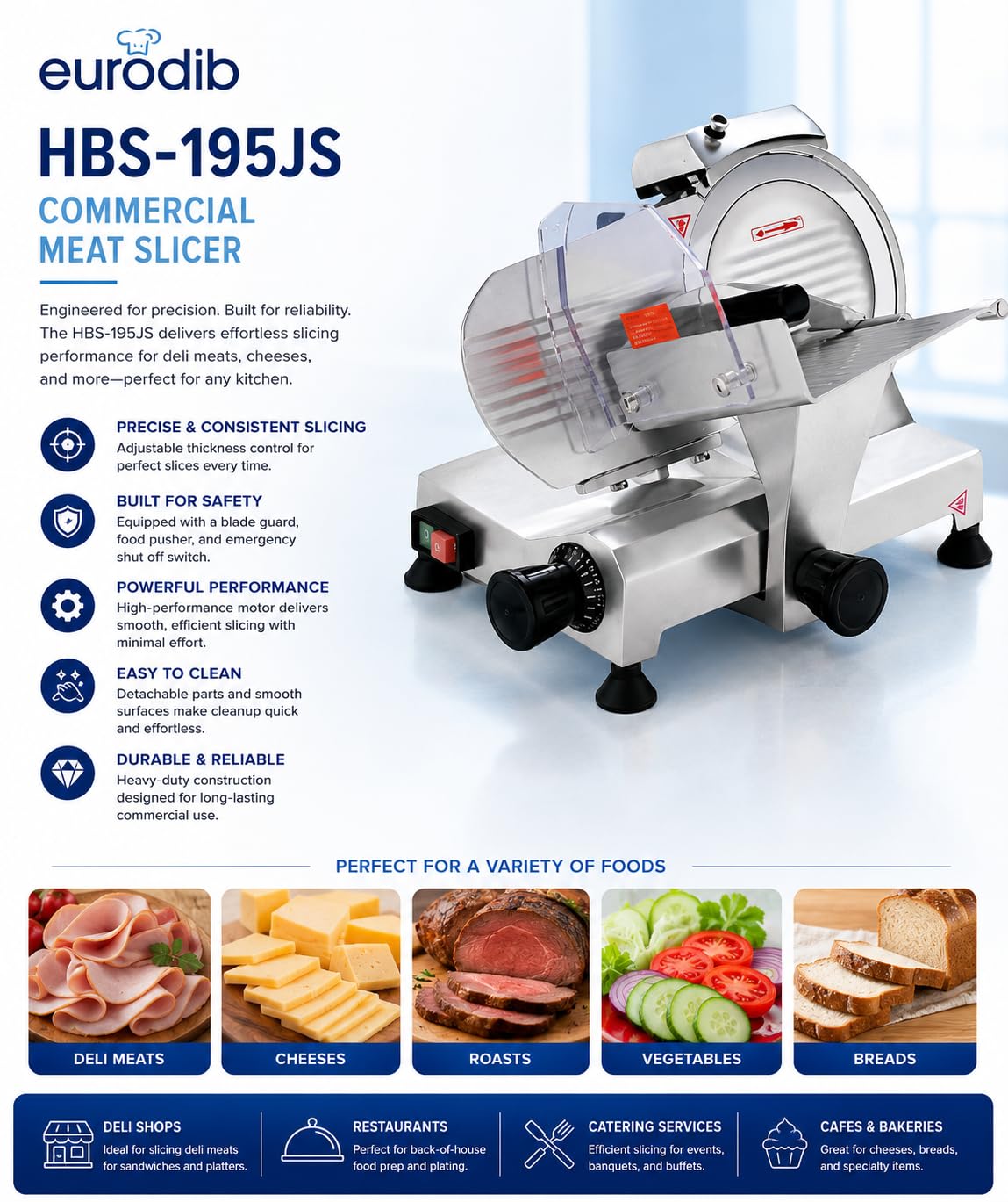 Commercial Meat Slicer by Eurodib – Aluminum, Silver, Model HBS-195JS
