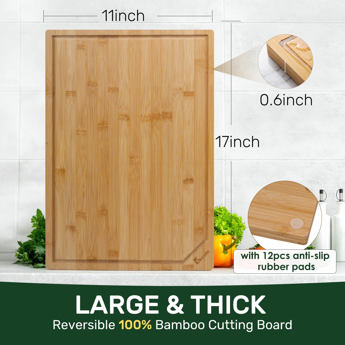 Kikcoin Bamboo Cutting Board, Reversible with Juice Groove, Natural 17 x 11 Inch