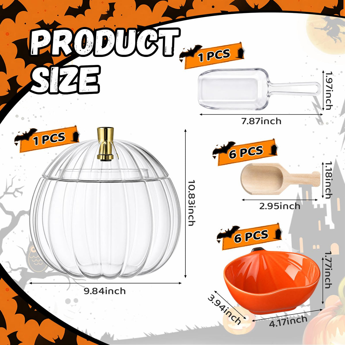 Potchen Pumpkin Ceramic Candy Jar Set, 14 Piece Halloween Serving Kit, Orange