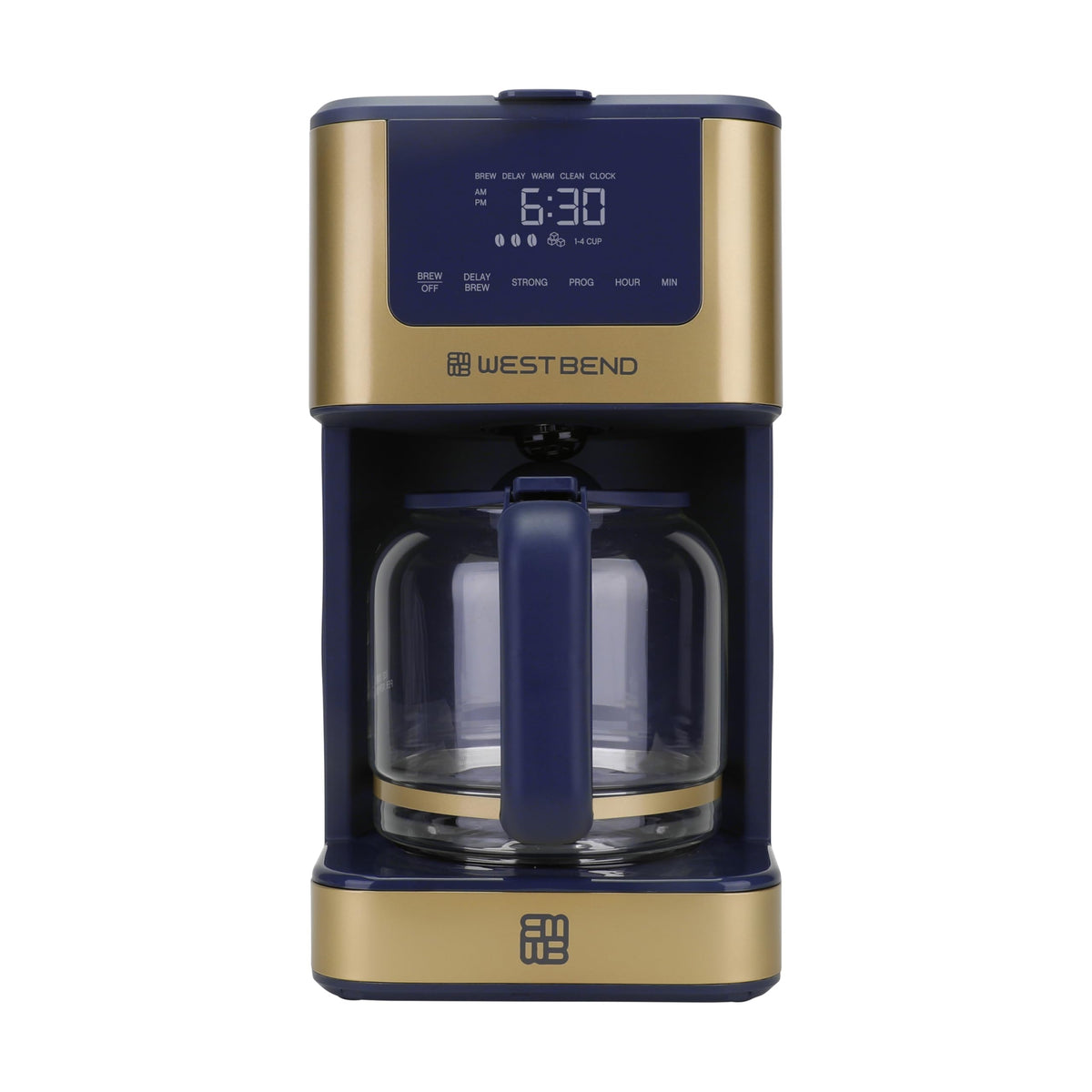 Timeless 12-Cup Programmable Coffee Maker with Brew Strength Selector for Hot and Iced Coffee by West Bend – 12 Cup, 12 cups, Blue/Gold, Model CMWB12SB13