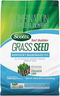 Scotts Turf Builder Grass Seed Kentucky Bluegrass Mix, 2.4 lbs. | Grass Seed Plus Lawn Fertilizer and Soil Improver, Grows Dense, Green Turf, Covers Up To 1,600 sq. ft.
