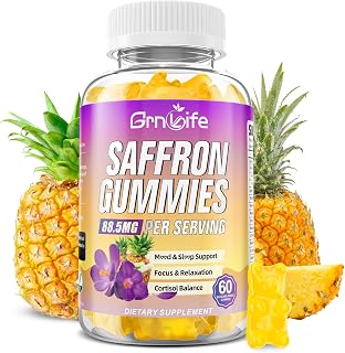 Saffron Gummies for Kids & Adults, 10-in-1 Saffron Supplements with 88.5mg Saffron Extract Support Calm Mind & Focus & Zzz, Sugar Free, Pineapple Flavor, 60 Count