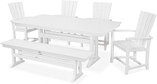 Polywood Quattro 6-Piece Outdoor Dining Set with Bench, White - HDPE Patio Furniture for Deck, Garden & Backyard - Farmhouse Style Table Set