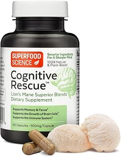 Cognitive Rescue Lion's Mane Mushroom Capsule, Memory & Focus, 60day Supply | Dual Extract Nootropic Brain Supplement with B Vitamins & BioPerine