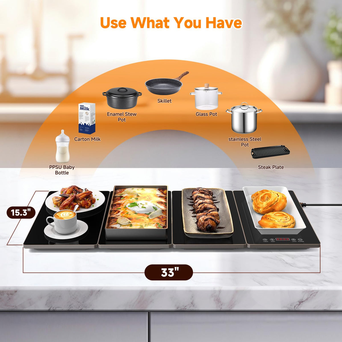 FEPPO Electric Warming Tray, 33x15 Inch Glass Surface, Black and Gray