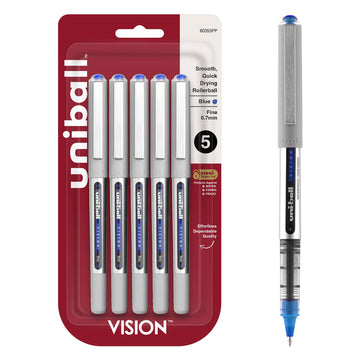 uniball Vision Rollerball Pens by Uni-Ball – 1 Count (Pack of 5), Plastic, Blue, Model 60355PP
