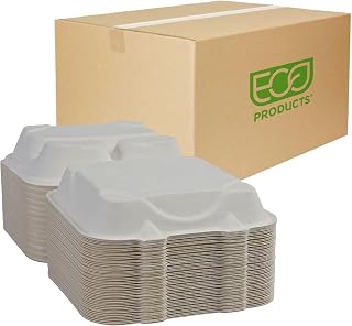 ECO PRODUCTS Compostable 8" Clamshell To Go Containers, Case of 200, 3 Compartment, Square Take Out Food Box, White Renewable Molded Fiber, Microwaveable & Freezable, Grease & Cut Resistant, ASTM