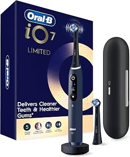 Oral-B Rechargeable Electric Toothbrush, iO7 Limited Deep Clean + Protect, 5 Cleaning Modes, Interactive Display, Visible Pressure Sensor, 2 Brush Heads, Charging Travel Case, Sapphire Blue