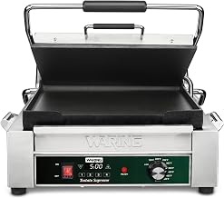 Waring Panini Press with Programmable Timer, 14" x 14" Cooking Surface | Flat Cast Iron Plates, 14" x 14" Cooking Surface, 570°F Adjustable Thermostat, for Sandwiches up to 3" Thick, 120V