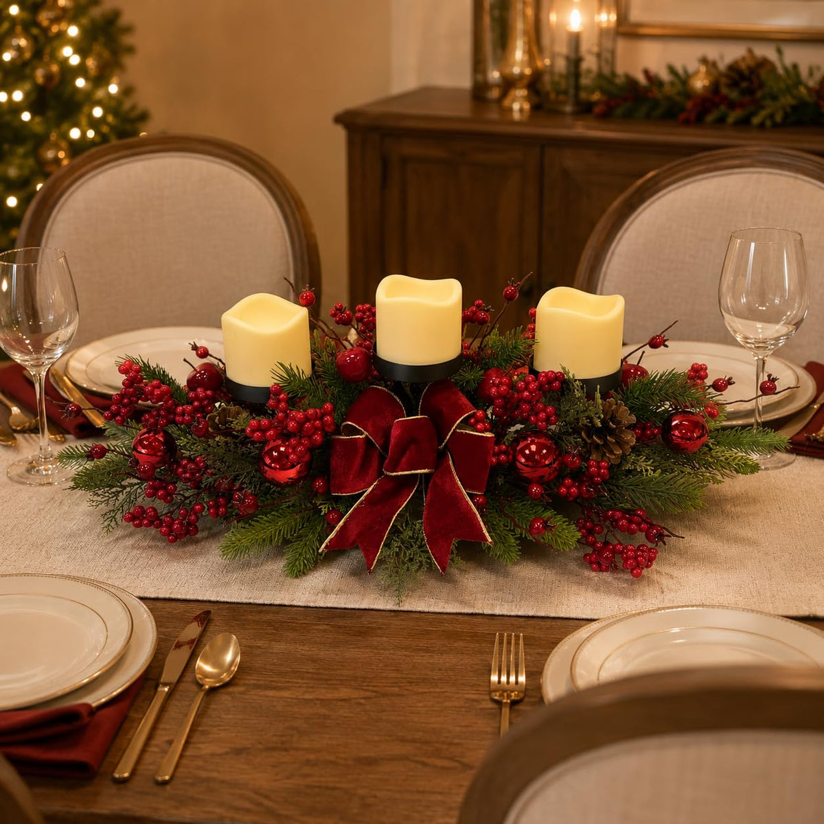 Svndlyn Candle Holder Centerpiece, 26 Inch Long with 3 Platforms, Red Green