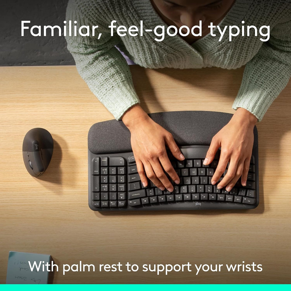 Wave Keys & Lift Vertical Mouse - Ergonomic Wireless Keyboard and Mouse Combo - with Cushioned Palm Rest by Logitech – One Size, Graphite, Model 920-013610