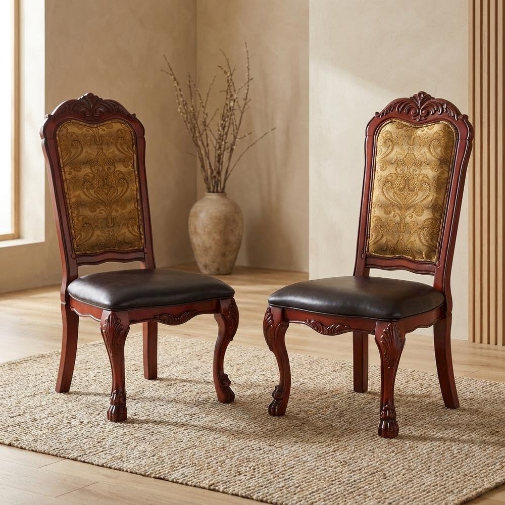 PU Leather-Upholstered Side Chair with Floral Fabric Back by Furnifact – Wood, Brown, Pack of 2