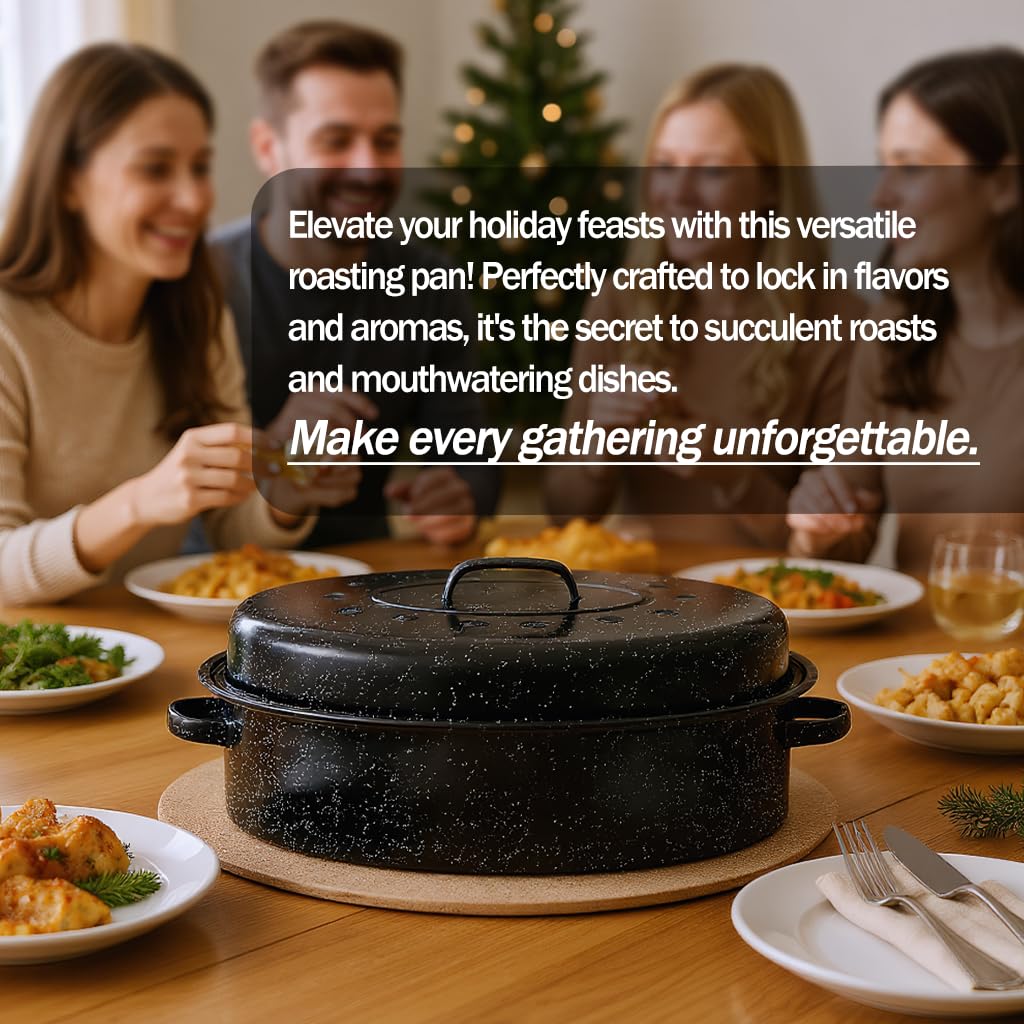 Granite Bowl Turkey Roaster With Lid, 18 Inch Carbon Steel, Black