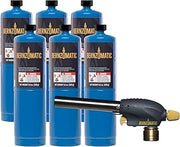 Bernzomatic QuickFire Outdoor Torch, High Output, Wind-Resistant Propane Hand Torch for Lighting Campfires, Grills, Smokers, Fire Pits, and other Outdoor Gatherings (WT3301 + 6 Pack Propane)