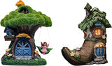 TERESA'S COLLECTIONS Flocked Fairy Garden House Statue, Fairy Boot Garden Figurines Cottage, Solar Powered Garden Lights for Outdoor Patio Yard Decorations (Resin)