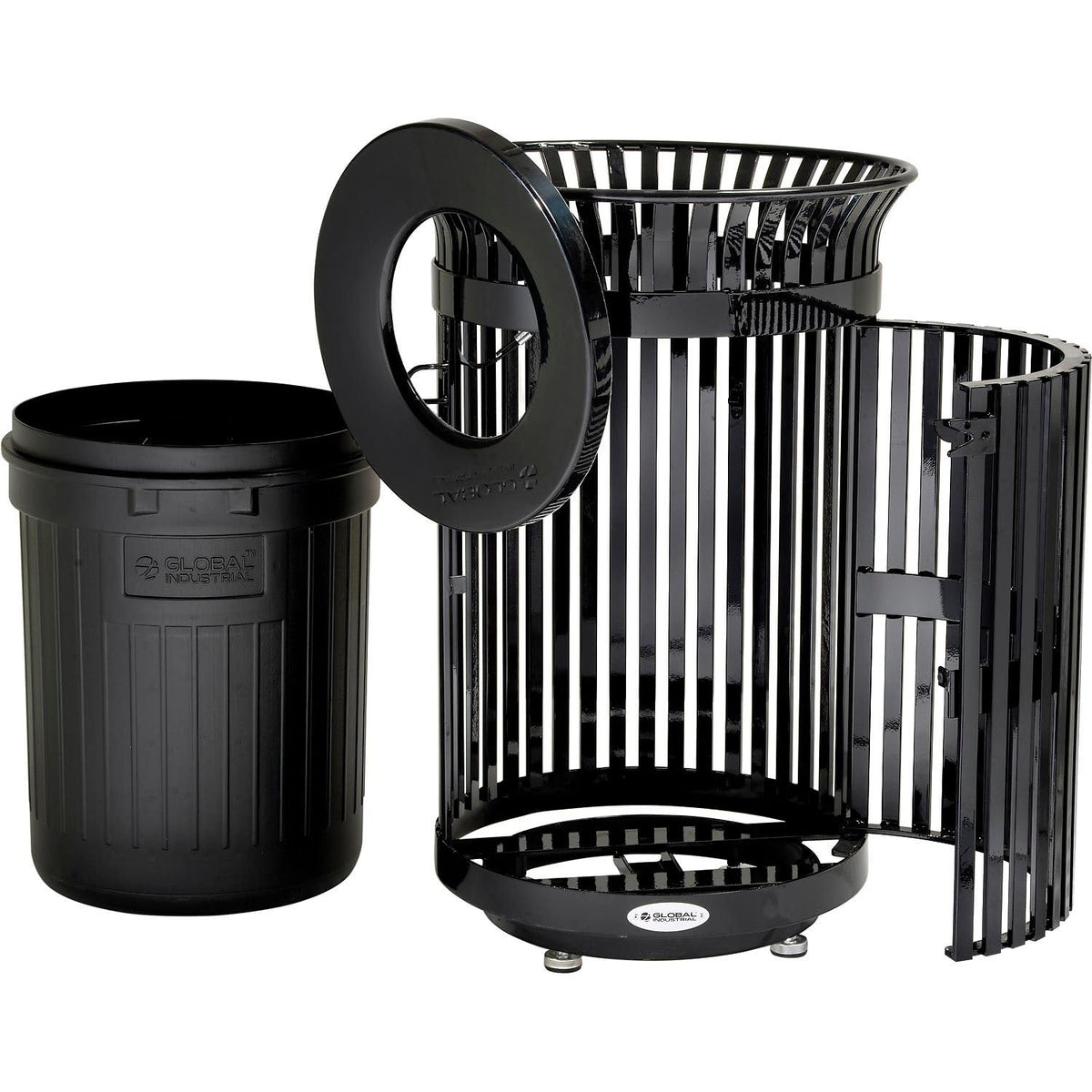 Outdoor Heavy-Duty Slatted Steel Trash Can w/Door by Global Industrial – 36.0 gallons, Steel, Black, Model D42SLAT