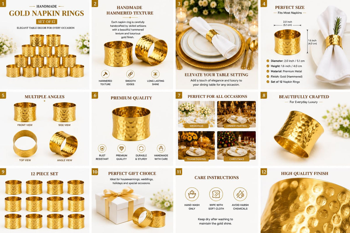 ITOS365 Napkin Rings, Hammered Metal Set of 12, Gold