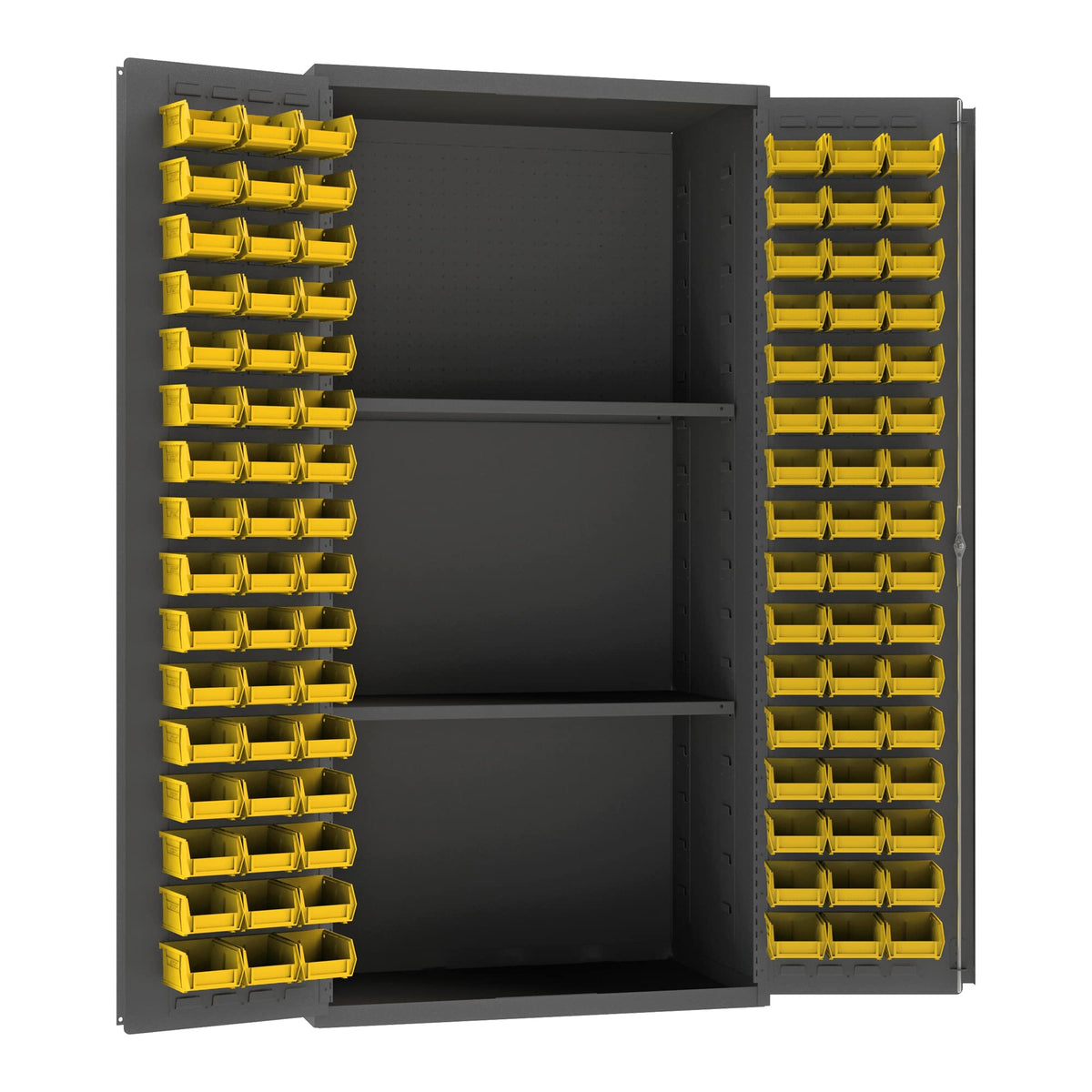 14 Gauge Welded Steel Storage Cabinet with Steel Pegboard and 96 Bins by Durham – 24" W x 36" L x 72" H, Alloy Steel, Chrome, Model 3501-DLP-PB-96-2S-95