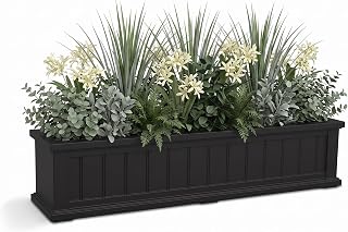 Mayne Seabrook 48in Self-Watering Rectangular Window Box Planter, Black | Self-watering, All season, Fade resistant, Mounting brackets included, Built-in overflow, 15-year warranty