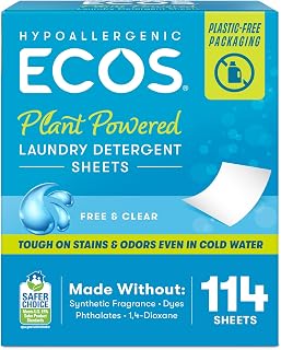 ECOS Laundry Detergent Sheets Vegan, No Plastic Jug, No Mess & Liquid Free - Hypoallergenic, Plant Powered Laundry Detergent Sheet – Free and Clear - 114 Count (Pack of 1)