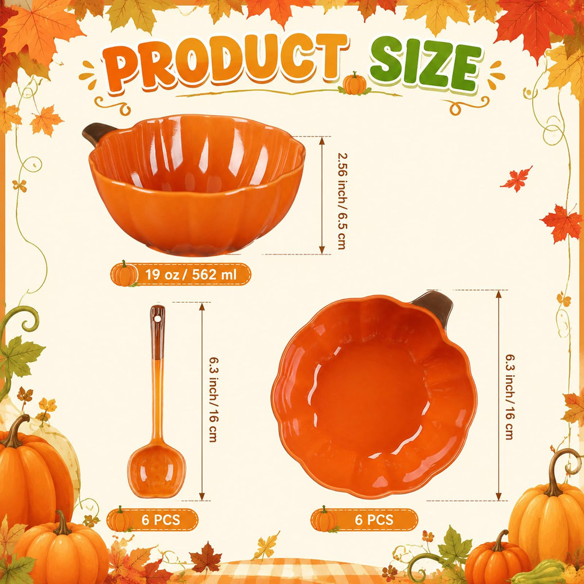 Rtteri Ceramic Pumpkin Soup Bowls with Spoons, 19 oz, Set of 6