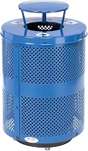 Global Industrial 32 Gallon Outdoor Perforated Steel Recycling Can | Rain Bonnet Lid & Raised Base, Plastic Liner and Anchor Kit Included, 23-1/2" Diameter x 40-1/2"H, Blue