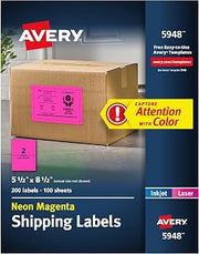 Avery Neon Shipping Labels for Laser Printers, 5-1/2" x 8-1/2", 200 Pink Labels (5948) (Pack of 5)