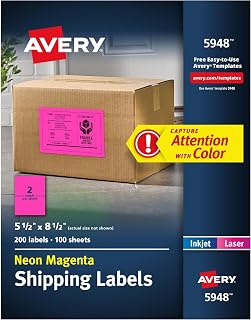 Avery Neon Shipping Labels for Laser Printers, 5-1/2" x 8-1/2", 200 Pink Labels (5948) (Pack of 5)