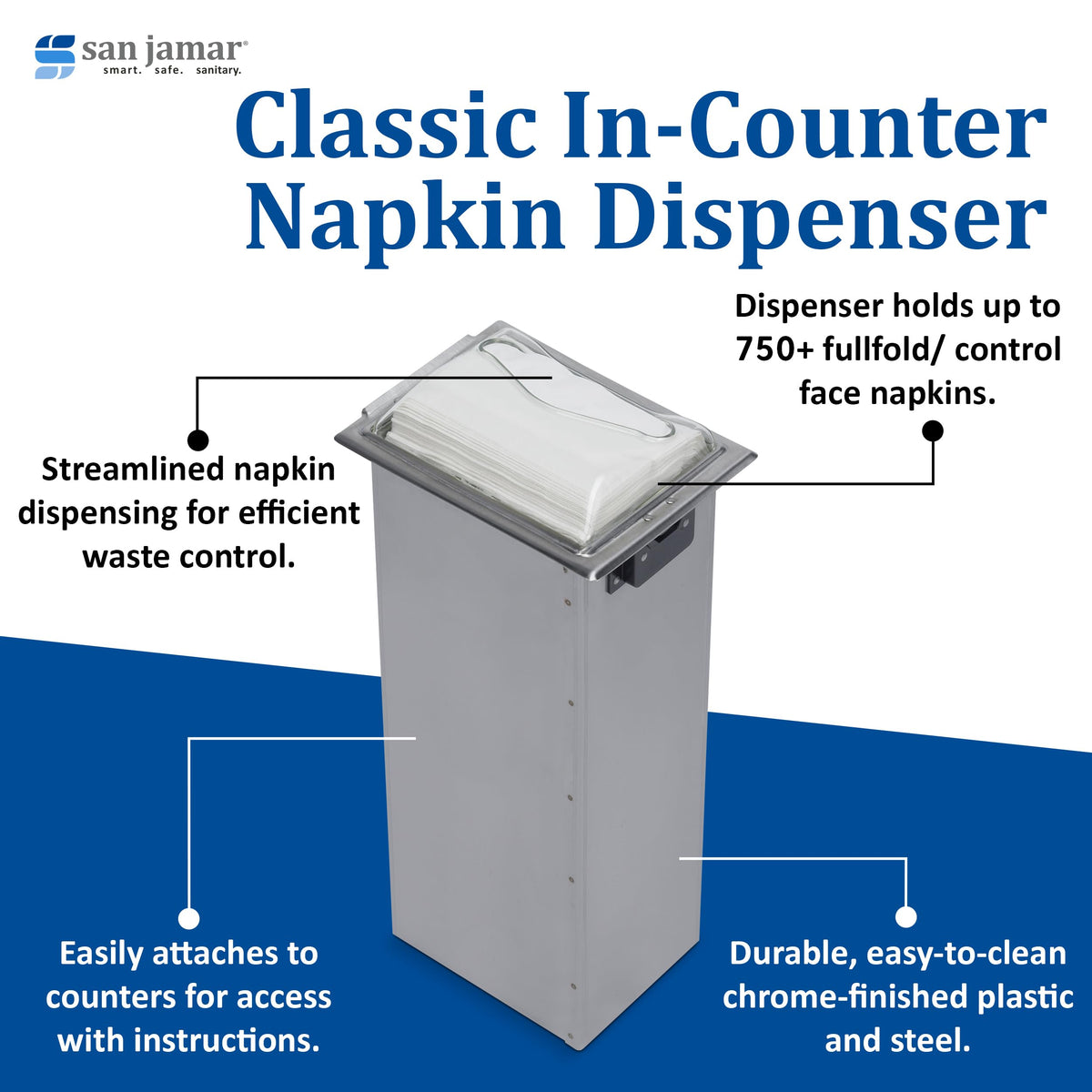 H2005 Stainless Steel in-Counter Fullfold Control Napkin Dispenser by San Jamar – Stainless Steel, Stainless, Model H2005CLSS