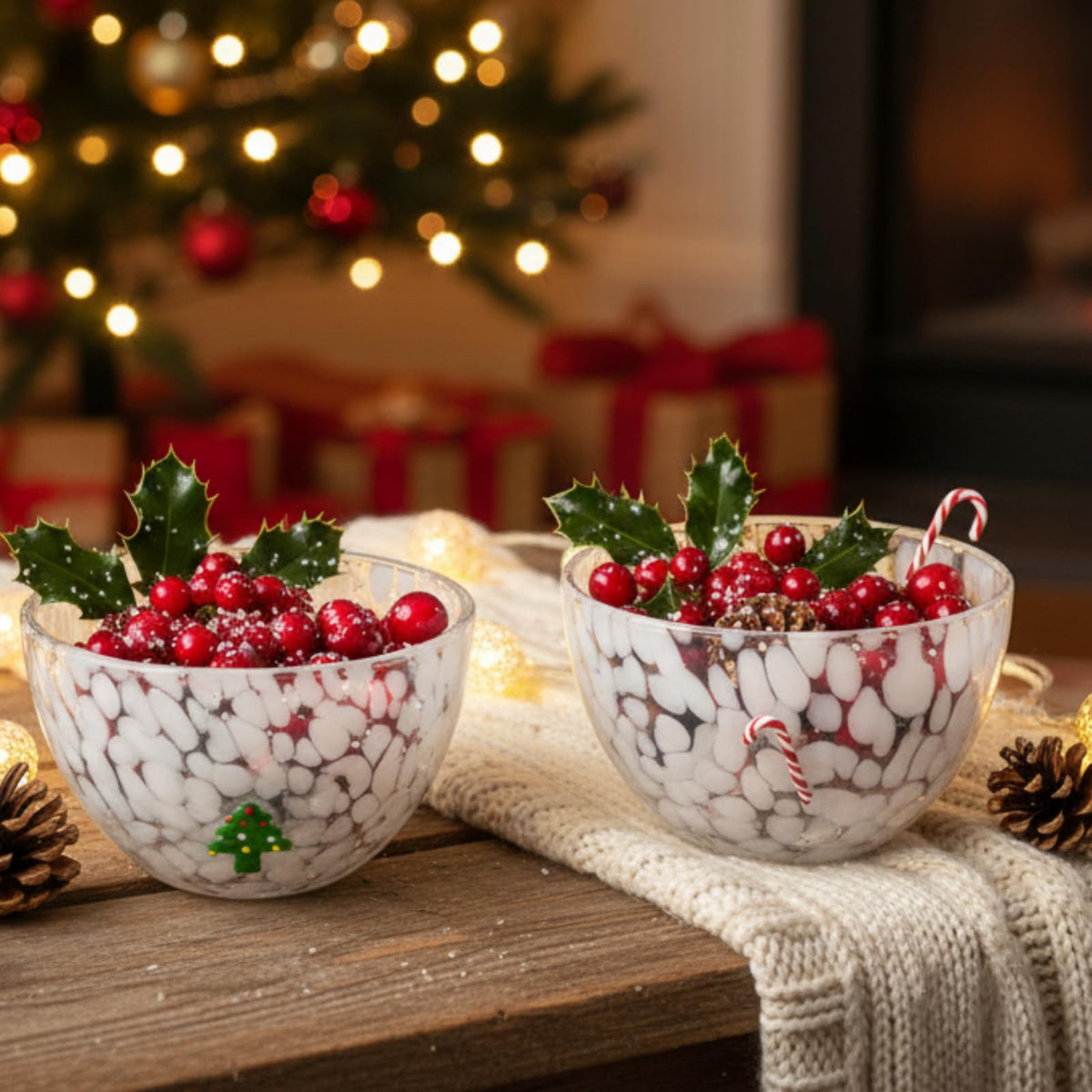 FoldTier Glass Candy Bowls, 14 Ounces, Set of 2, Christmas Tree and Candy Cane