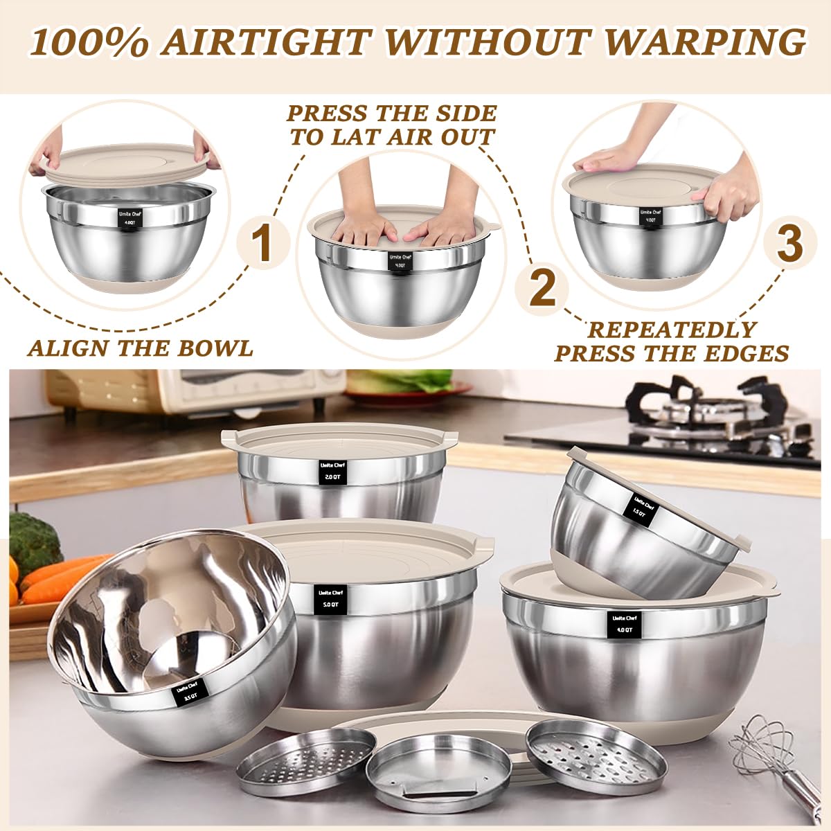 Umite Chef Nesting Mixing Bowls, Stainless Steel with Lids and Graters, 5 Piece Set in Khaki