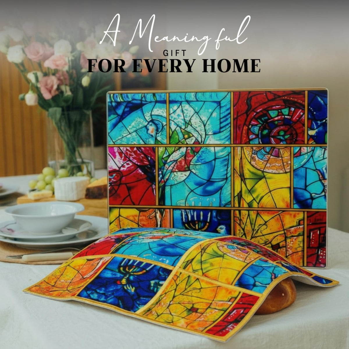 SURI Tempered Glass Challah Board, Large Cutting Tray, Colorful Window