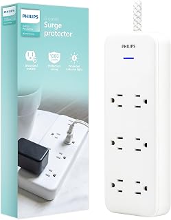 PHILIPS Surge Protector Power Strip, 8 Ft Long Braided Extension Cord | 6 Outlet Extender (Wide Spaced), 1080 Joules, Flat Plug, On Off Switch, ETL Safety Certified, White, SPC6066WB/37