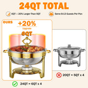 IMXSUMDA Round Chafing Dish Set, 6 Quart Capacity, 4 Pack with Glass Lids, Gold