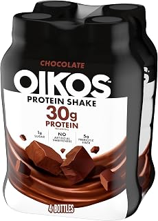 Oikos Protein Shake, Chocolate, 30g High Protein Drinks, Shelf Stable, Ready to Drink, 5g Prebiotic Fiber, 12 fl oz Bottle, 4 Count​