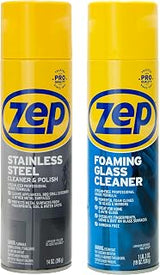 Stainless Steel Cleaner & Polish 14 oz (1 Unit) and Zep Foaming Glass Cleaner 19 oz (1 Unit) - Kitchen Appliance and Glass Cleaning Kit for Stainless Steel and Windows