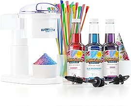 Hawaiian Shaved Ice Snow Cone Machine Package with Flavoring Syrups, Featuring Cherry, Grape, Blue Raspberry Shaved Ice Syrup and Party Ready Accessories