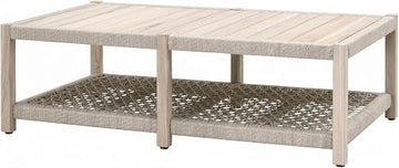 Beige Outdoor Coffee Table with Solid Teak Wood Frame, Polyolefin Rope Upholstery, Single Shelf, Transitional Design