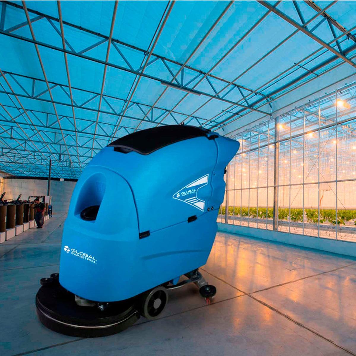 Automatic Self-Propelled Walk-Behind Floor Scrubber by Global Industrial – 21.67"W x 40.56"H, 15.0 gallons, Plastic, Blue, Model T55/50 BT