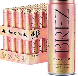 BRĒZ Elevate Cordyceps Mushroom Energy Drink for Focus & Clarity, 48 Pack | 80mg Natural Caffeine from Guayusa, Maca, Ginseng, Nootropics, Adaptogen Drink, Sparkling Strawberry Mango, 12 fl oz