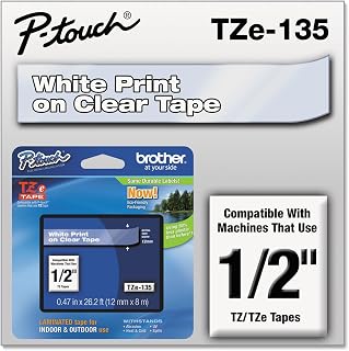 Brother 1/2 Inch x 26.2 Feet White on Clear for P-Touch (TZ135)