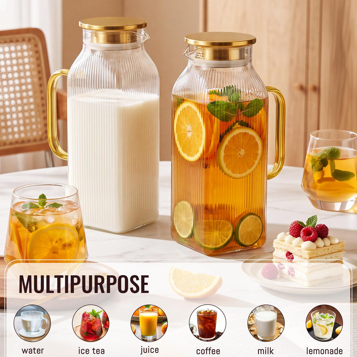 Snuvid Square Glass Pitcher with Lid, 2.2 Liter 75 Ounce, Gold